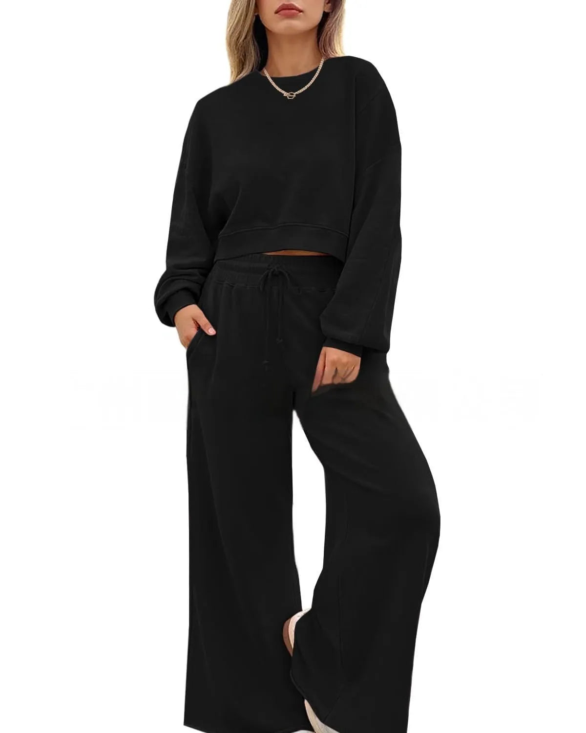 Women's solid colour polyester trousers two-piece set with long sleeves