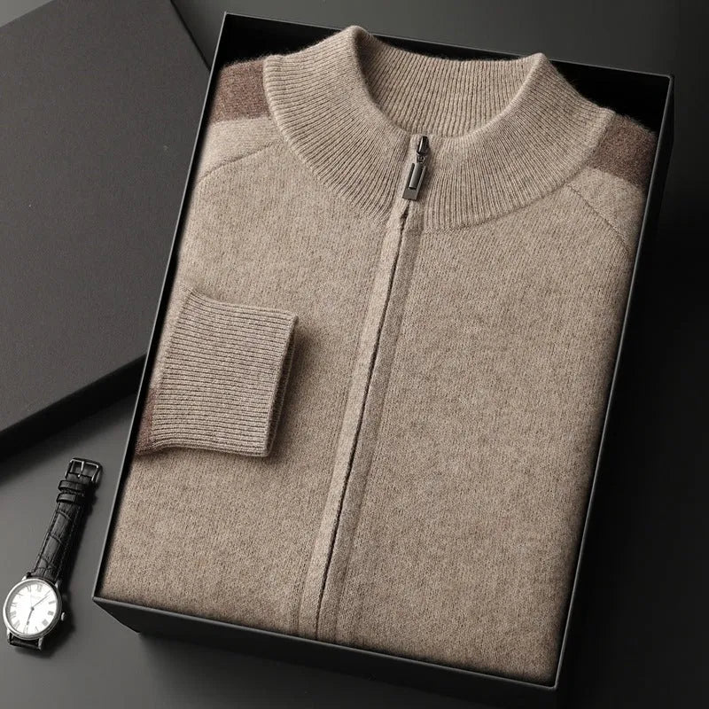 Men's cashmere wool blend cardigan suit with half turtleneck zipper top and matching trousers in winter sports style
