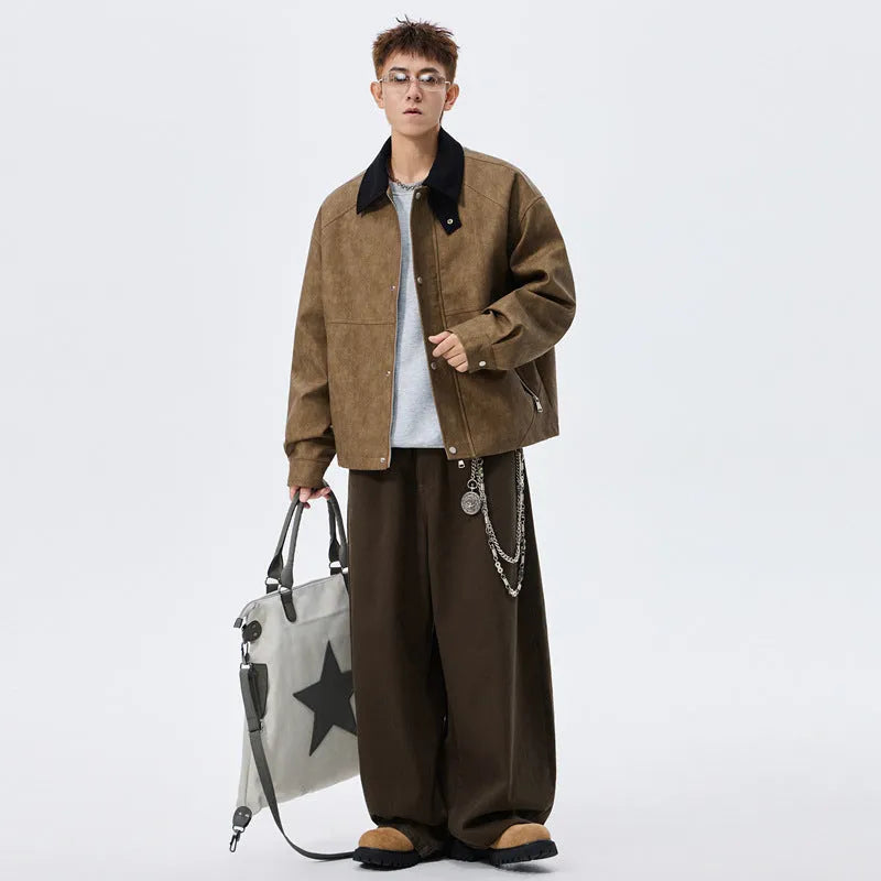 Large size men's PU leather coat with polo collar in khaki, shown on model, size 8XL available