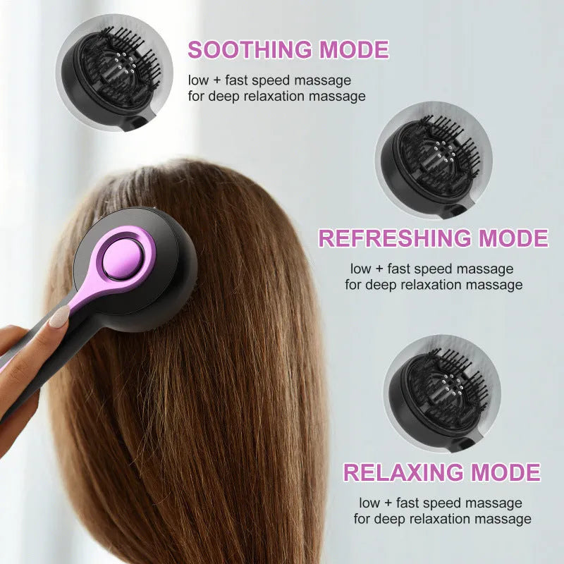 A black USB-powered hair brush massager with a mechanical two-speed switch on a grey background.