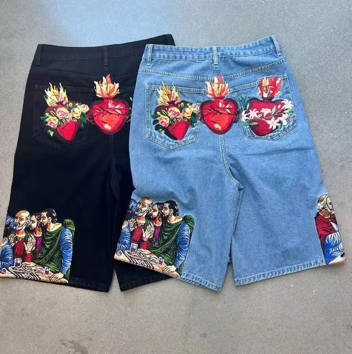 Men's blue cotton shorts with Jesus printed back pocket, tapered style with micro elasticity fabric
