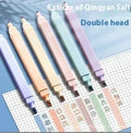 Set of double-ended fluorescent marking pens showing two different coloured nibs on each pen