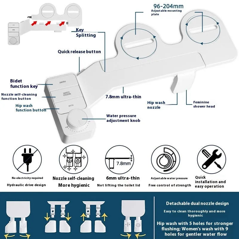 Pure white button-operated wash tool with detachable nozzle and multiple plumbing fittings