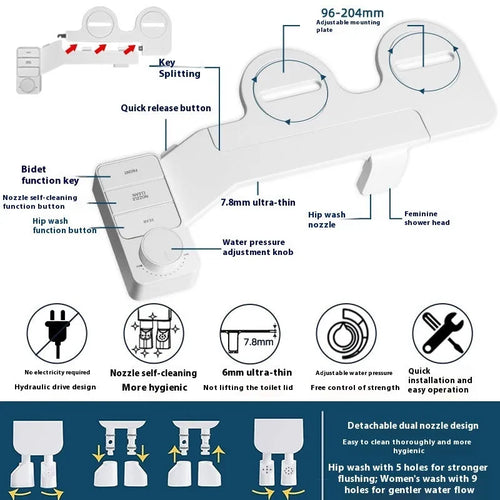 Pure white button-operated wash tool with detachable nozzle and multiple plumbing fittings