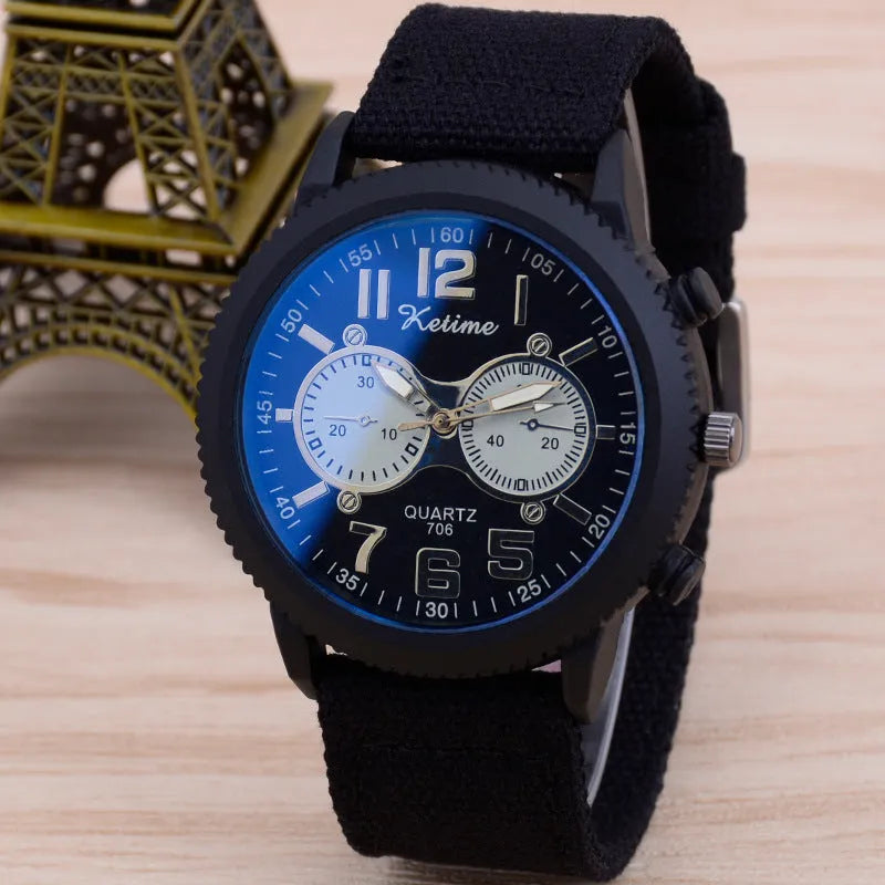 Men's fashion wristwatch with cloth band, 48mm dial, zinc alloy case, red colour