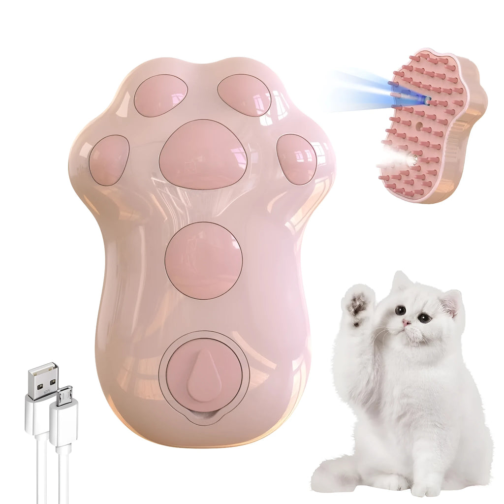 Blue self-cleaning cat grooming brush with silicone bristles and steam spray function on a pink background.
