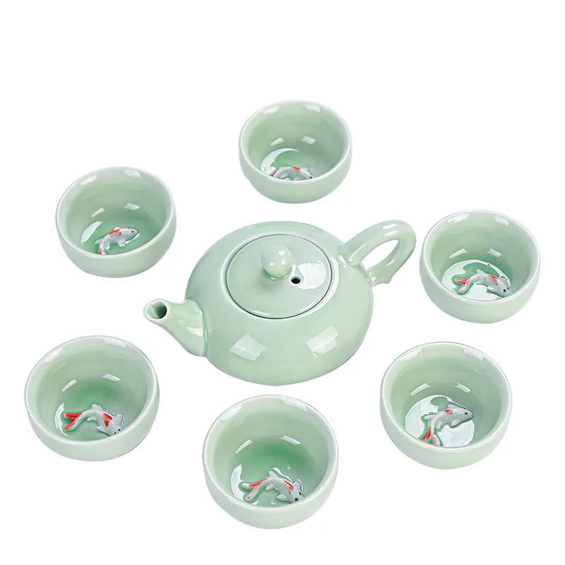 Ceramic celadon portable tea set with teapot and six cups in modern simple style