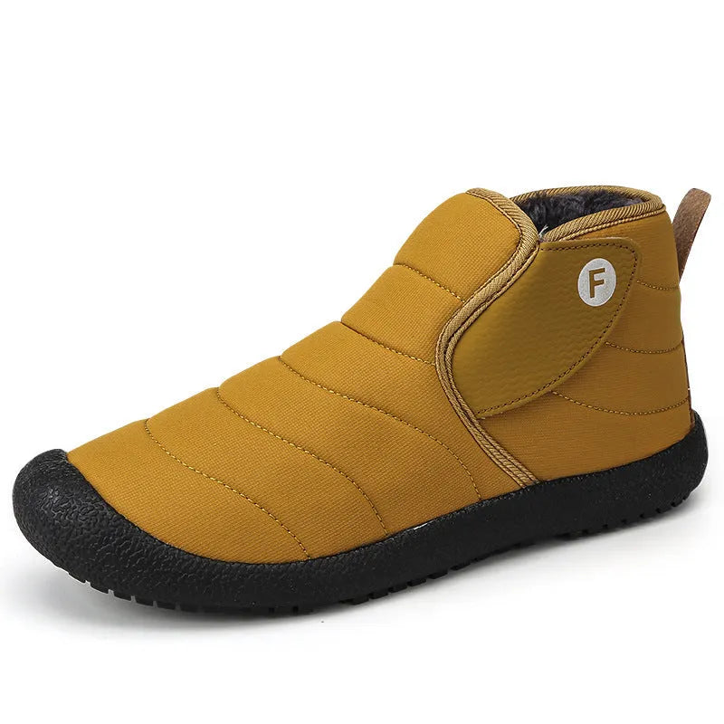 Men's waterproof cotton snow boots with non-slip rubber soles in yellow, green, blue, or black.