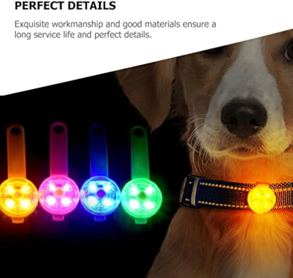 Pet glow pendant light in blue attached to a dog collar, showing its small plastic LED design