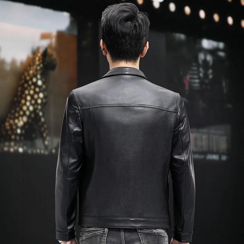 Men's black first-layer cowhide leather jacket with polo collar, front view, daily wear