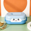 Square divided plastic lunch box with cartoon design in dark blue, orange yellow, or pink and green colours