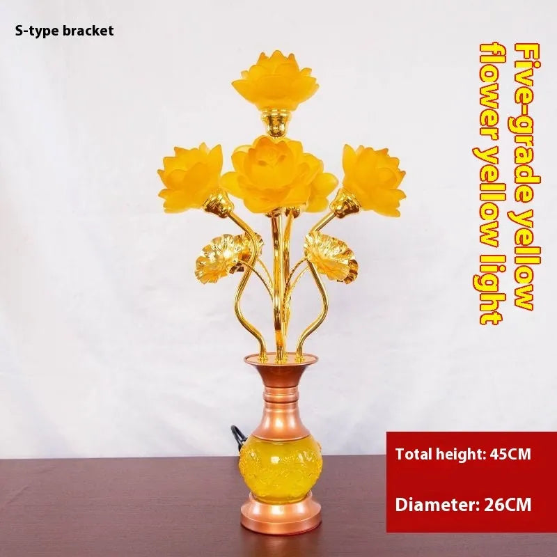 Colored glaze lotus lantern with alloy base, pink floral petals, and LED light for temple worship