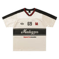 Apricot coloured V-neck sports jersey tops with drop-shoulder sleeves and letter pattern design