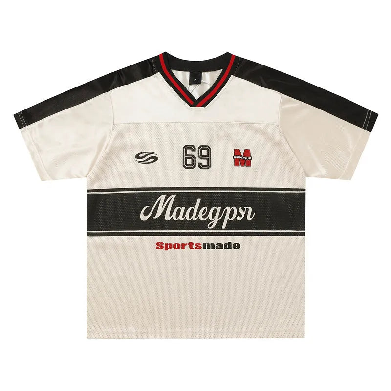 Apricot coloured V-neck sports jersey tops with drop-shoulder sleeves and letter pattern design