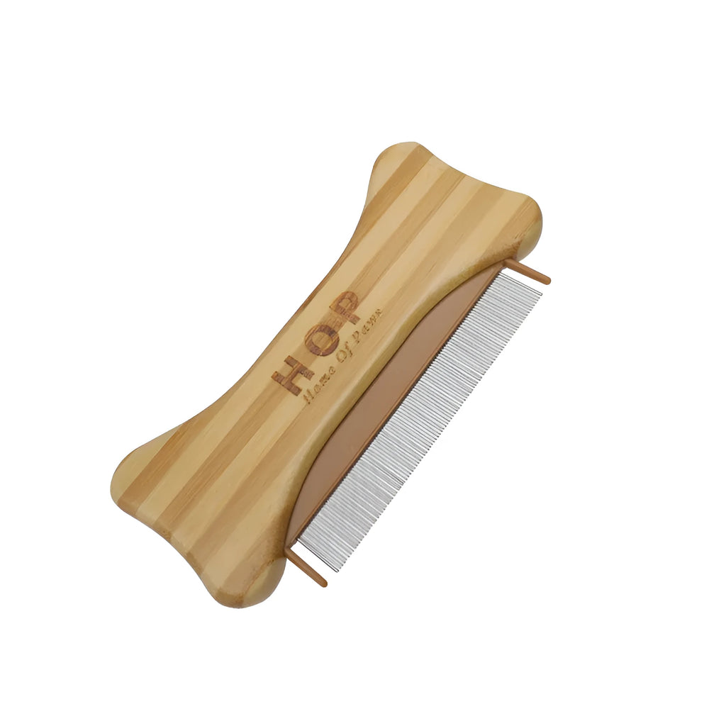 Double-sided bamboo dog comb with colourful finish for fleas and tangles