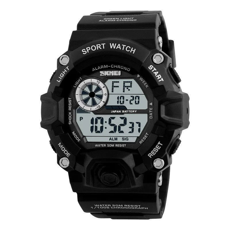 Electronic sports watch with round dial showing GMT display, available in five colours including camouflage green