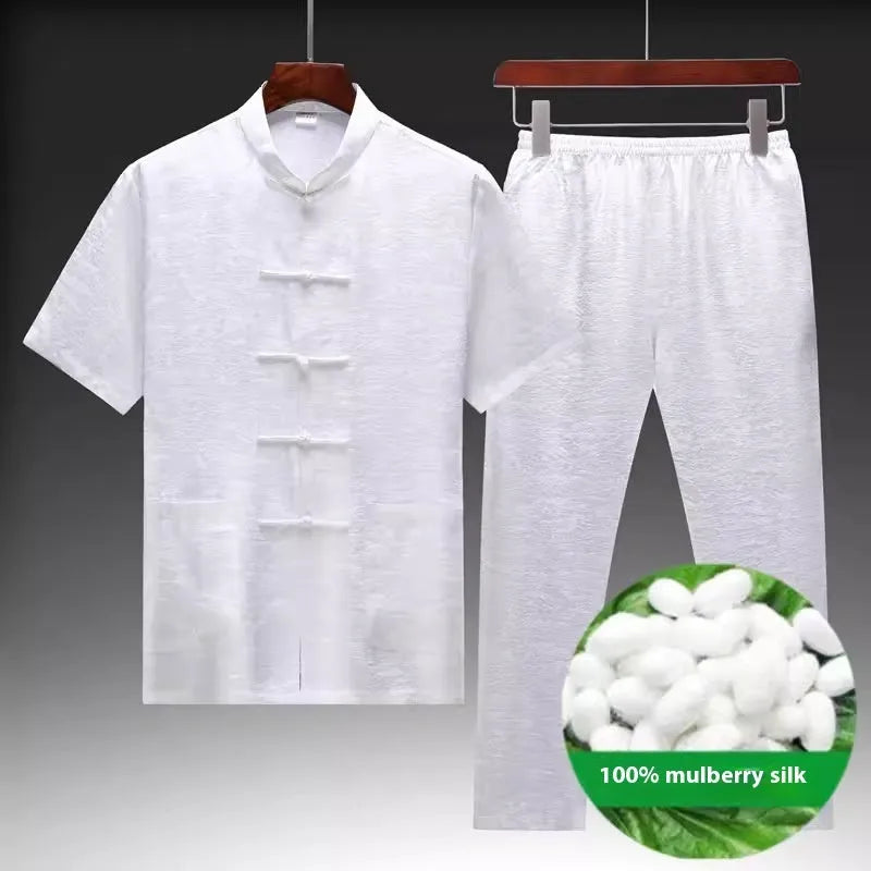 Men's Chinese style Tang suit in mulberry silk satin showing traditional design with available colour variations