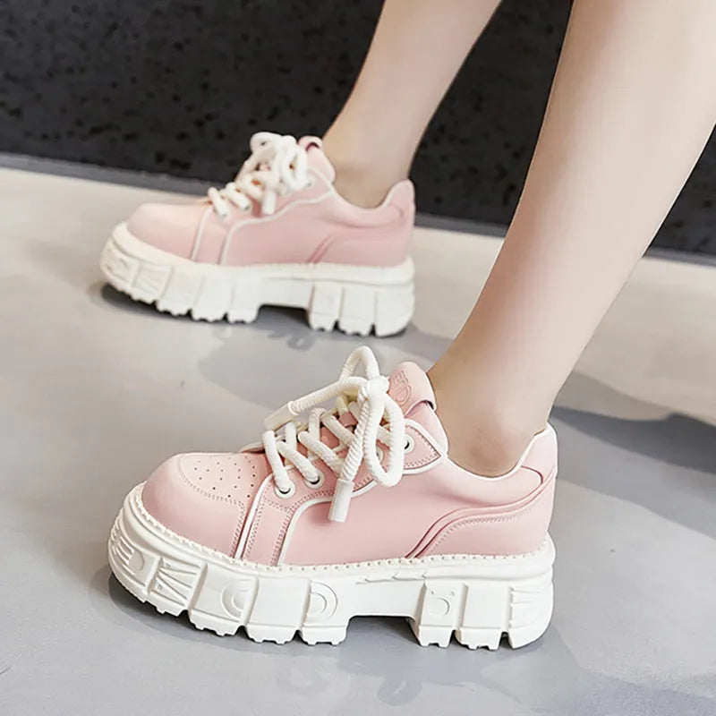 Spring casual leather shoes with muffin bottom design in beige and pink colours