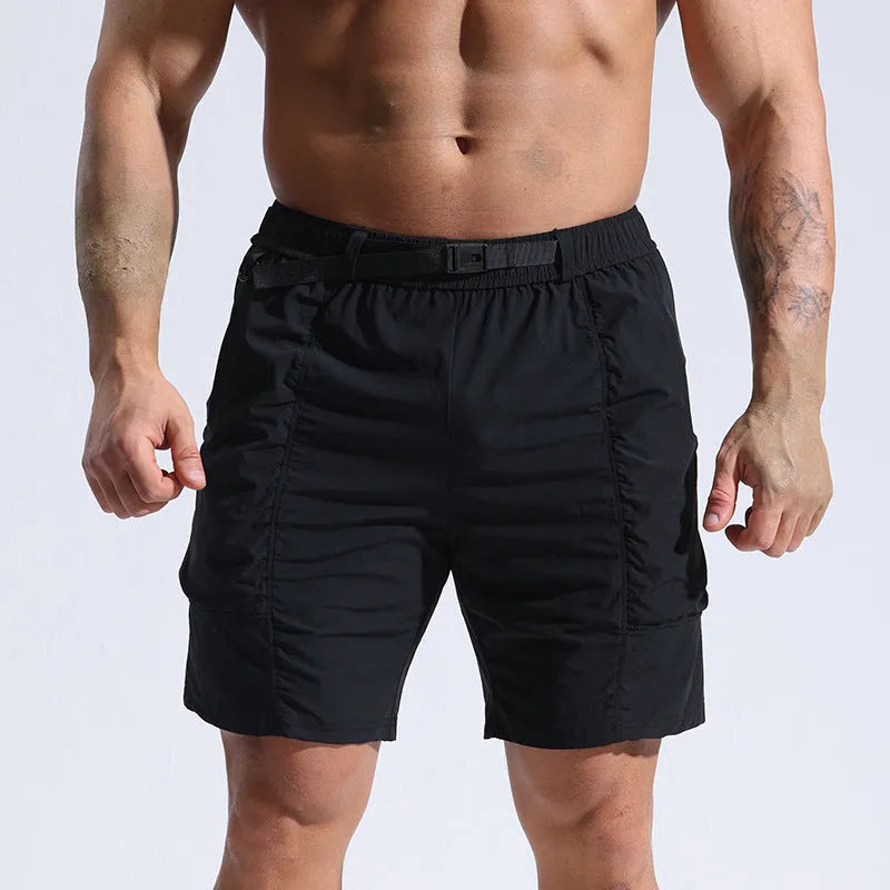 Men's athletic cargo shorts with pockets and elastic waistband in black color, mid-length cut