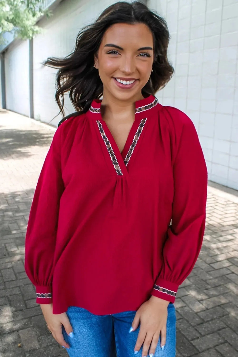 Women's red embroidered collar printed shirt loose fit pullover top polyester
