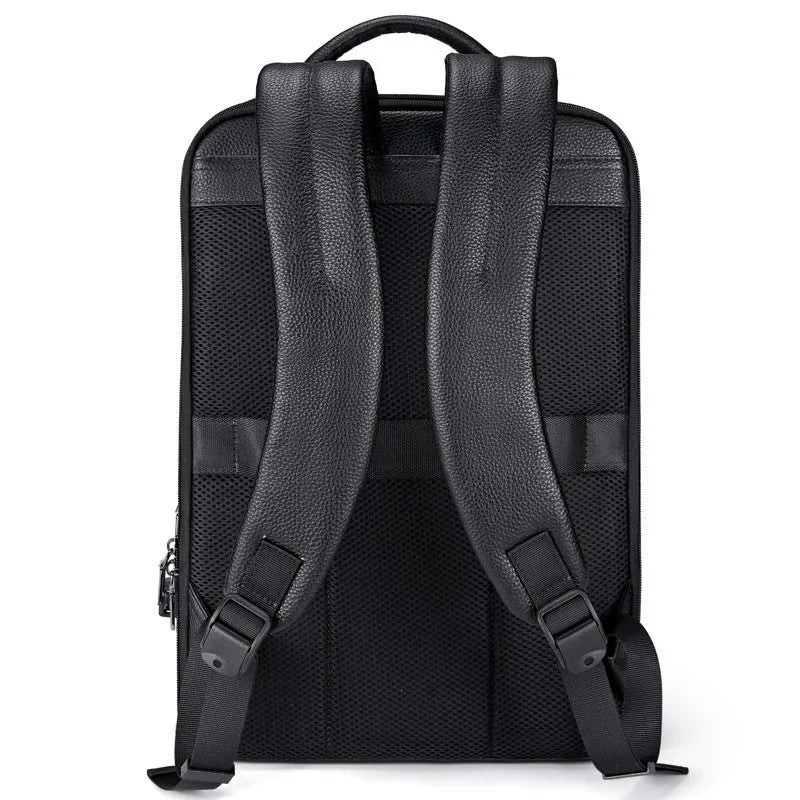 Black genuine leather men's business laptop backpack with curved shoulder straps