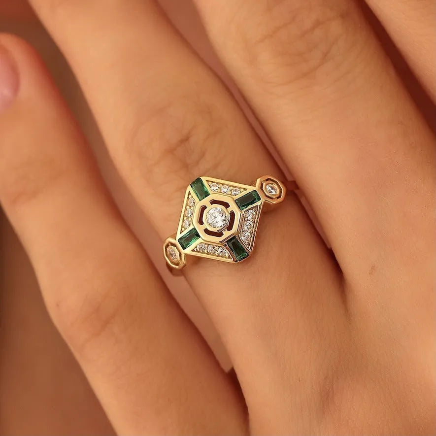 Square geometric emerald diamond ring for women in lvzuan colour with electroplated finish