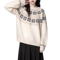 Women's vintage fair isle pullover sweater with geometric pattern in milky white, loose crew neck style