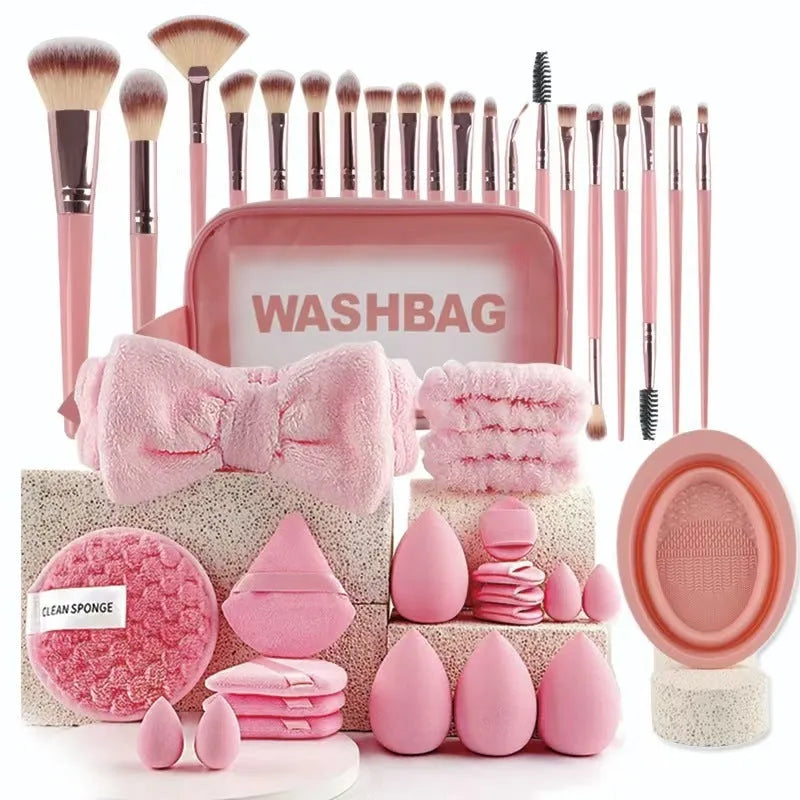 Hydrophilic non-latex beauty tools set with brushes in brown, pink, and purple colours for face washing and makeup