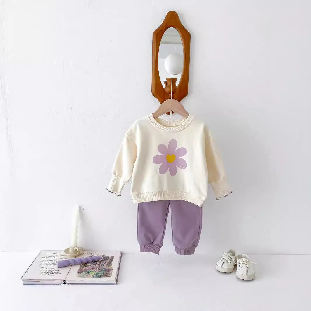 infant two-piece set cute flower sweatshirt and sweatpants baby girl suit purple cotton