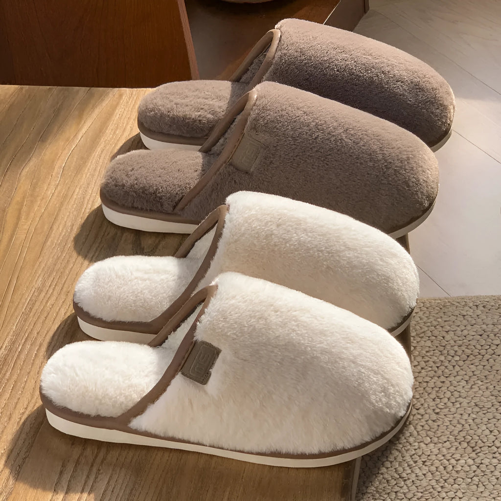 Winter plush slippers with PVC non-slip sole in blue, brown, coffee, pink and white solid colours