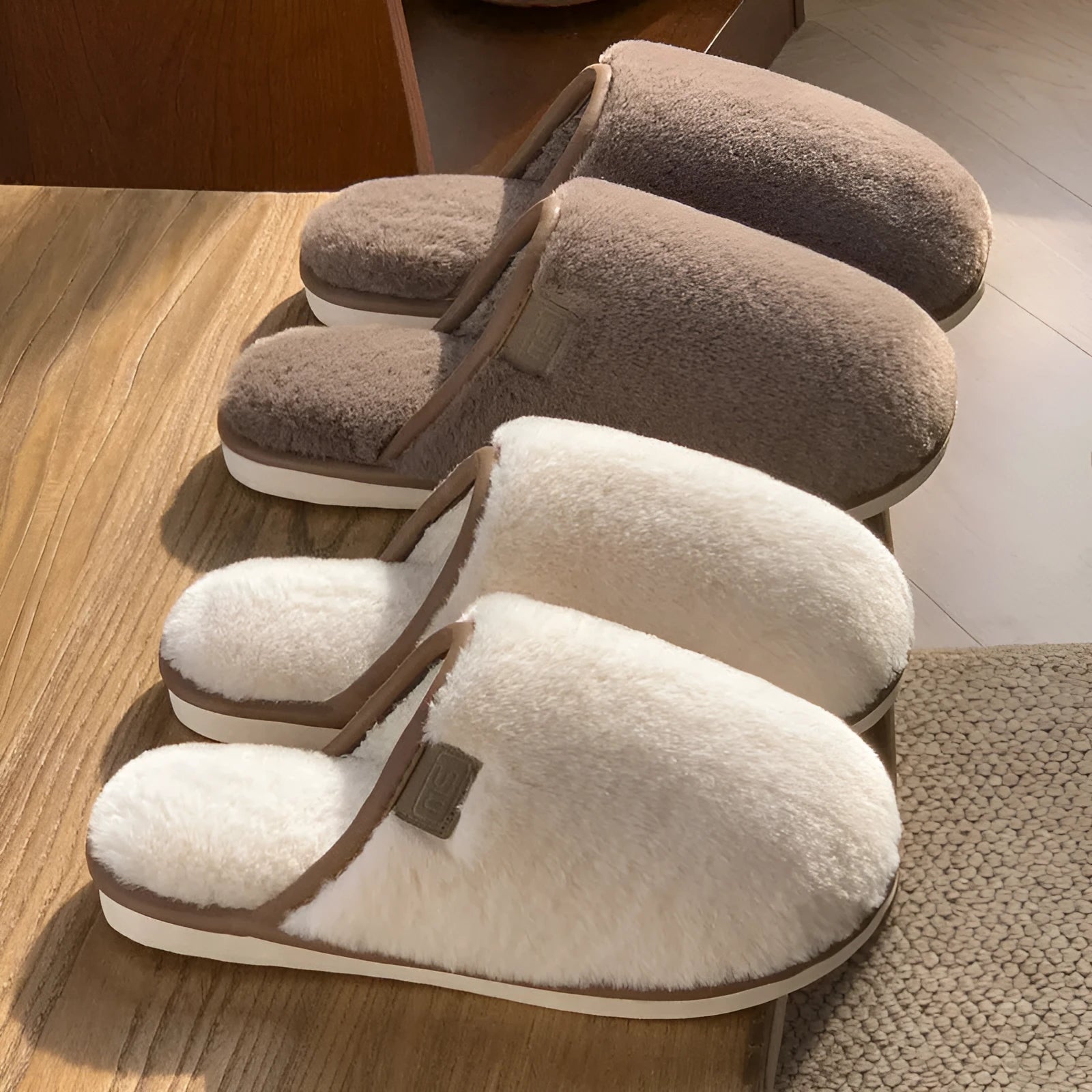 Winter plush slippers with PVC non-slip sole in blue, brown, coffee, pink and white solid colours