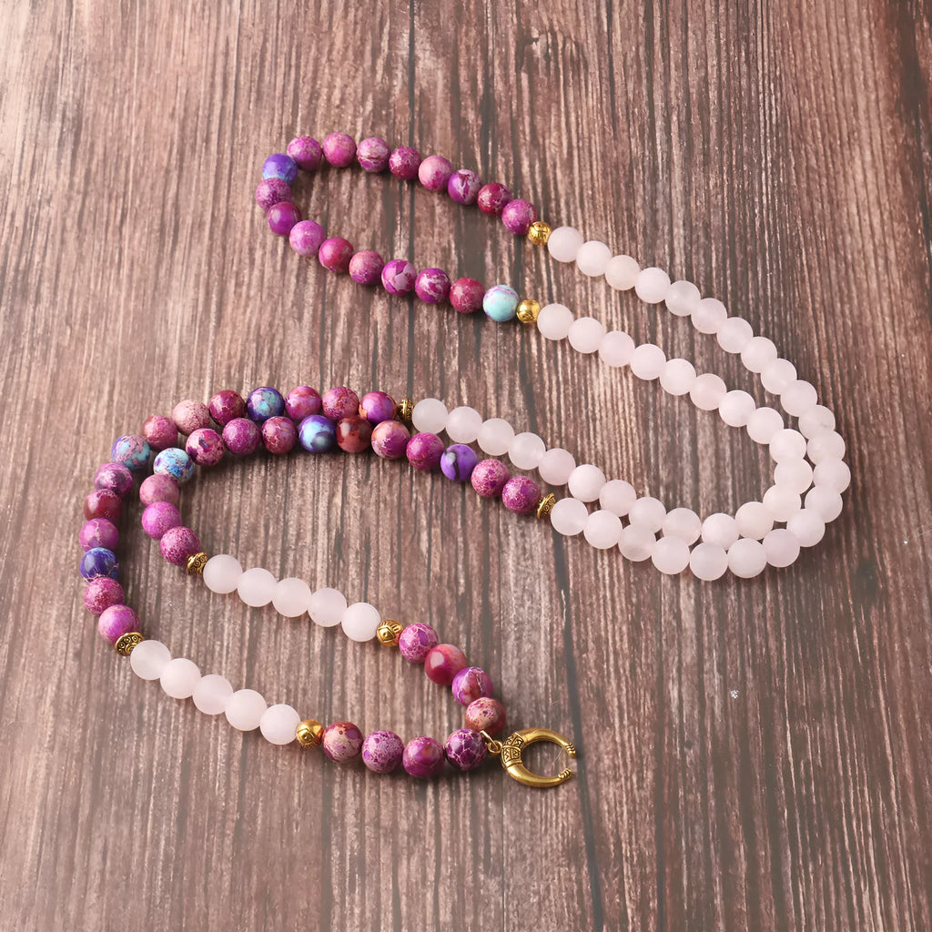 Pink crystal emperor stone round bead pendant necklace on 45cm chain