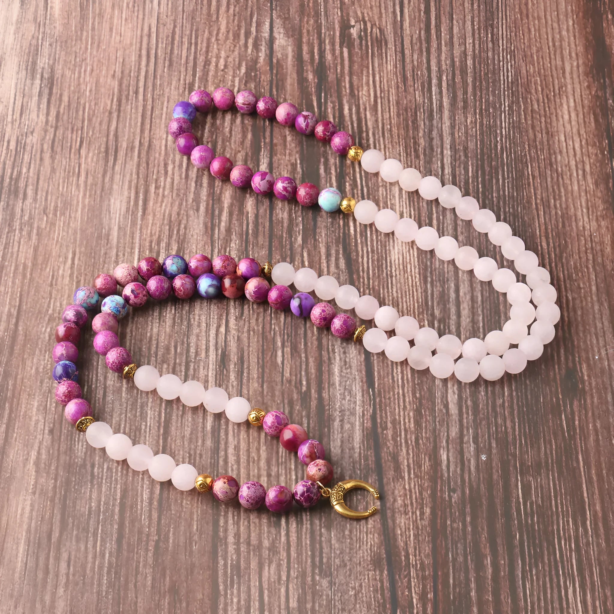 Pink crystal emperor stone round bead pendant necklace on 45cm chain