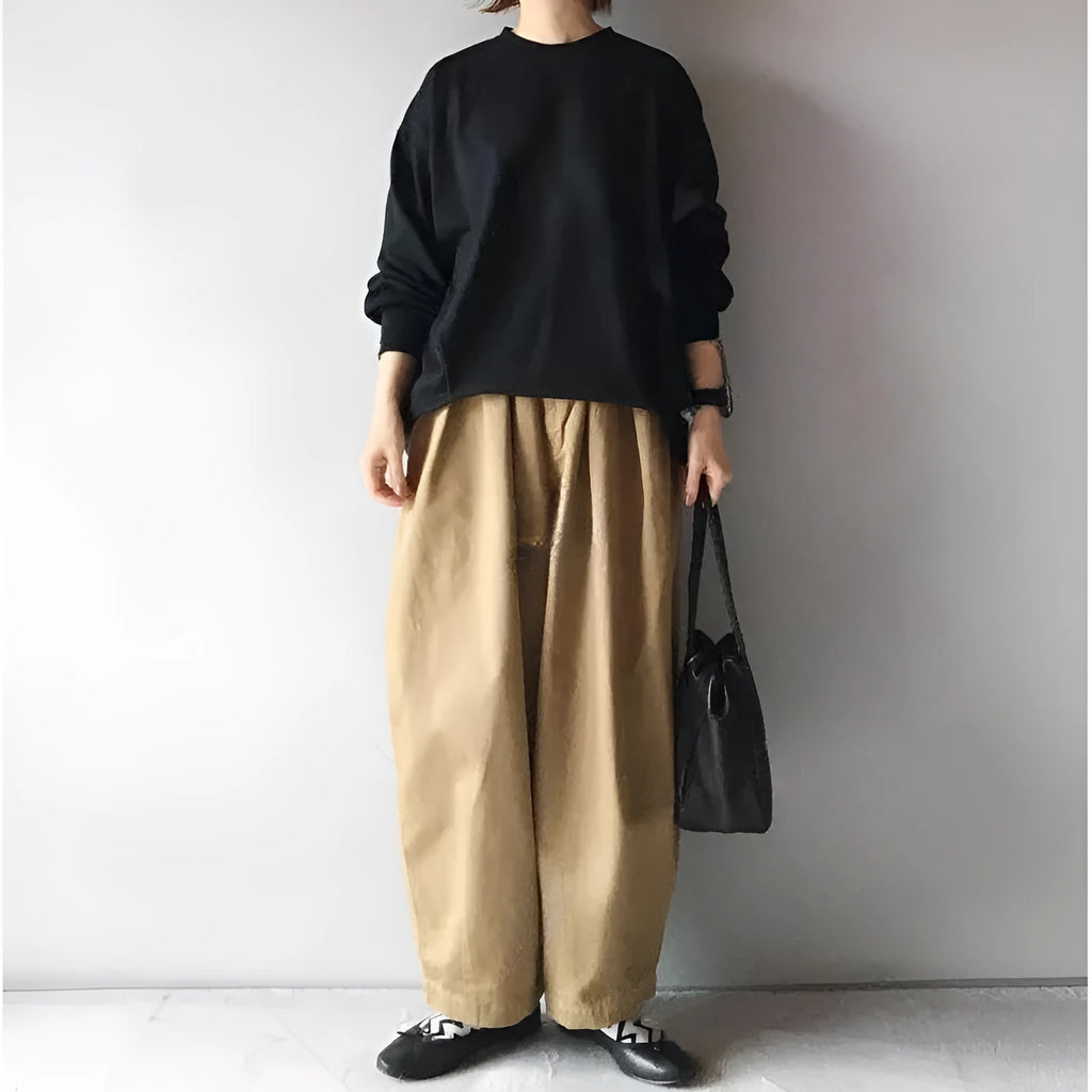 Women's two-piece set with loose round neck lantern sleeve sweater and wide leg cropped pants in polyester fibre