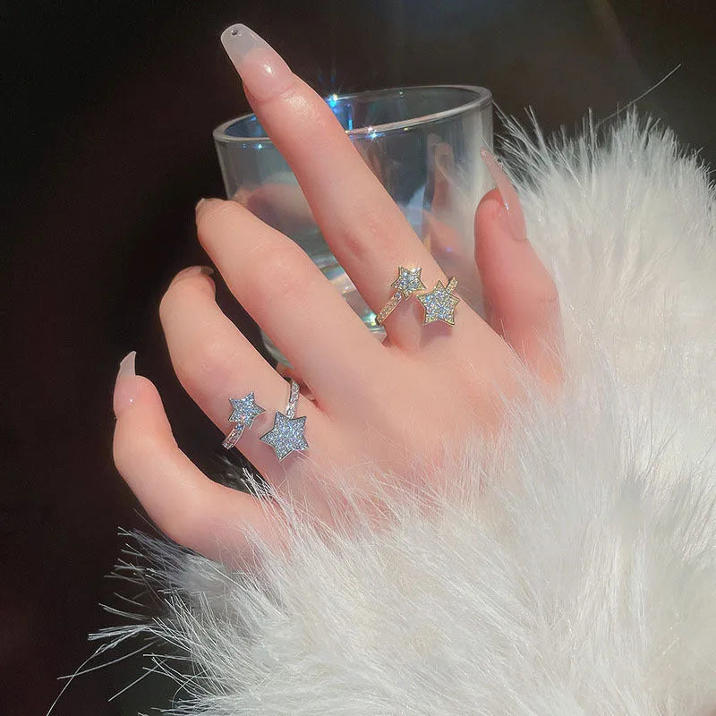 Gold cold style zircon star open-end ring and bracelet set for women on copper