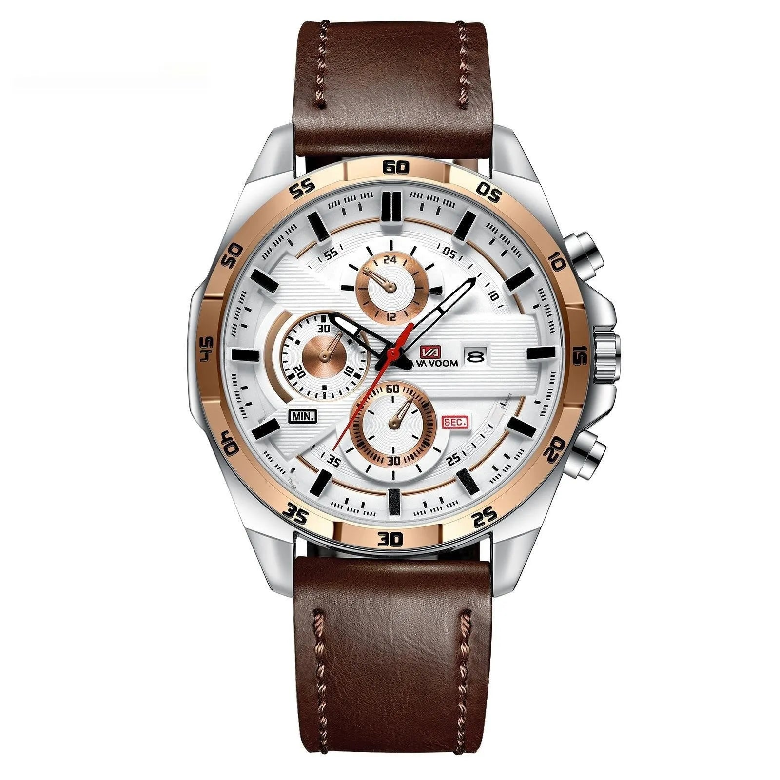 Men's casual quartz watch with business calendar on black leather strap and rose gold case.