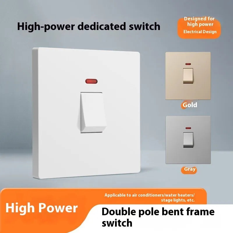 Plastic electrical switch with light panel for curved rack mounting in gold, grey or white
