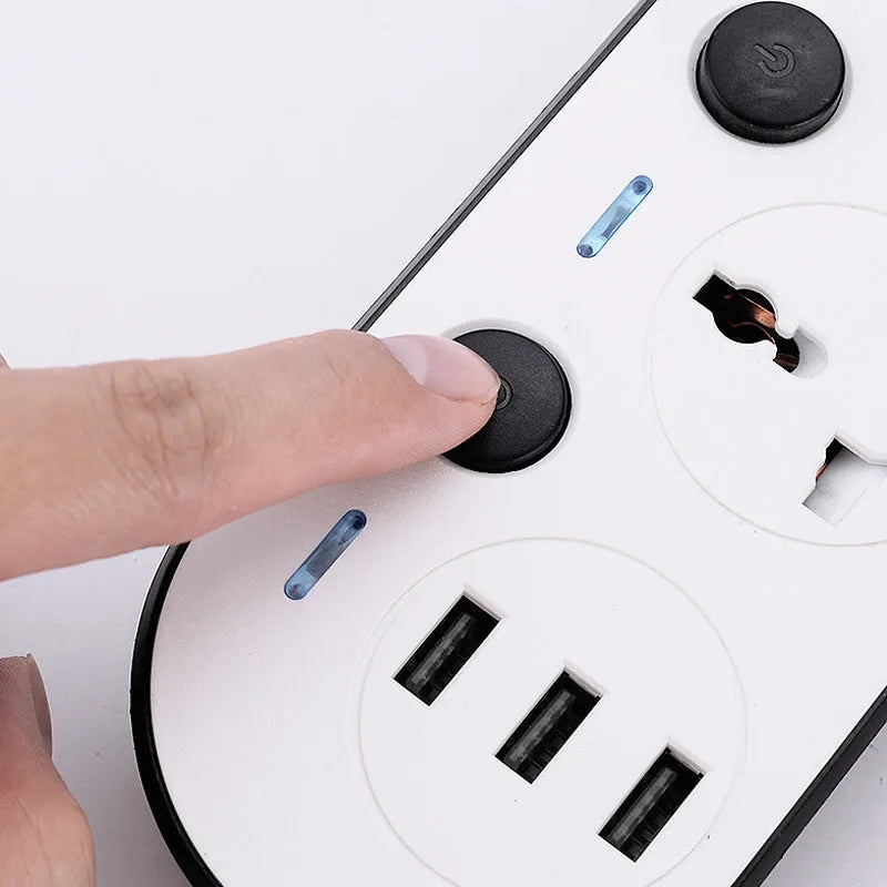 International power strip with UK, US and EU sockets, USB ports, individual switches and extended cable