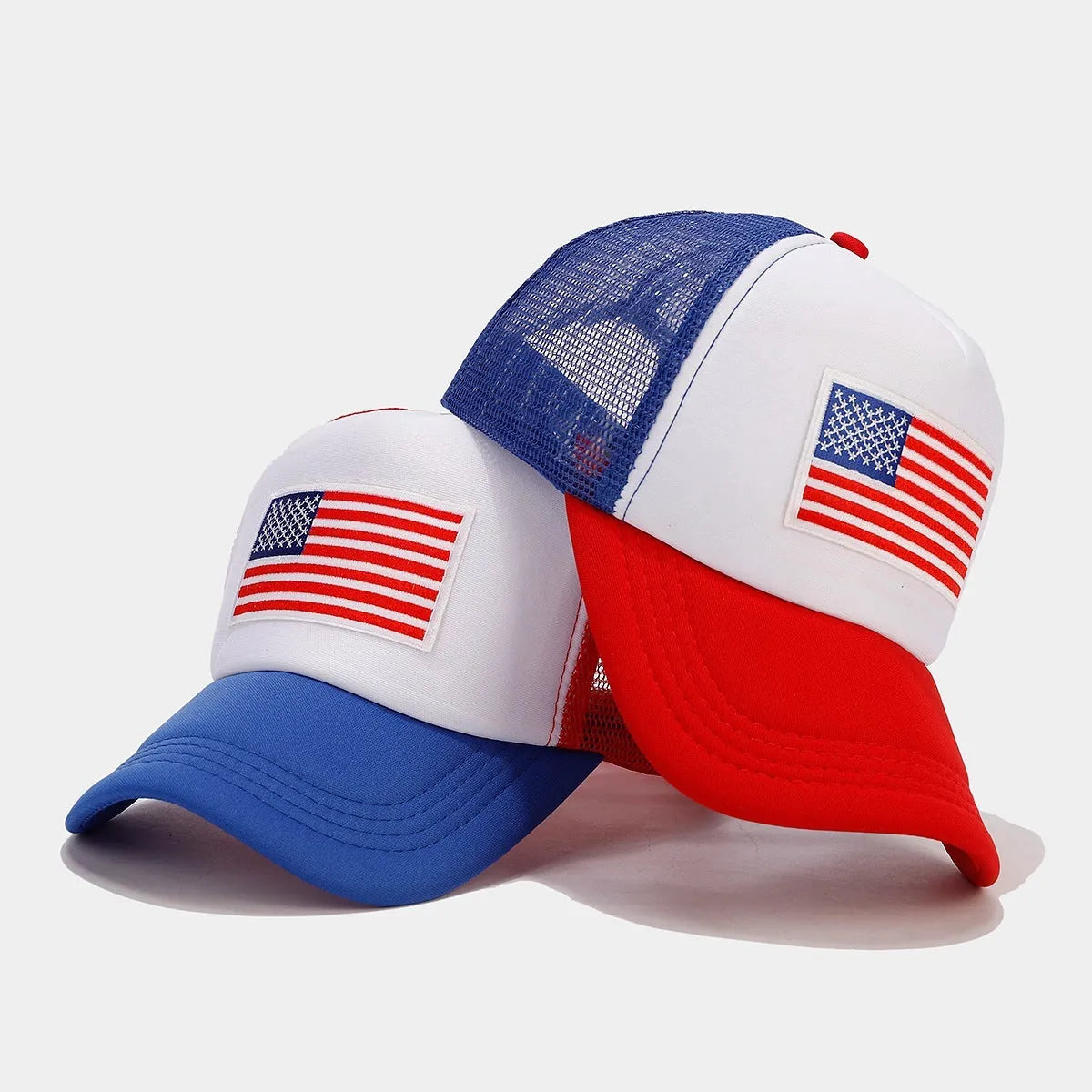 Red and blue contrast mesh baseball cap with adjustable strap and dome crown.