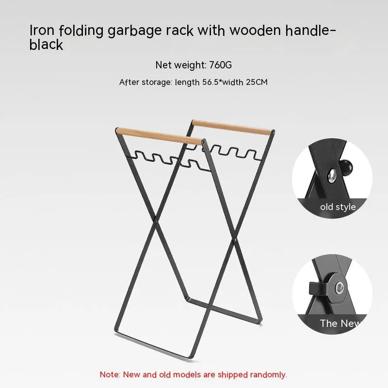 Wooden handle wrought iron folding outdoor trash storage hanger in black or white finish