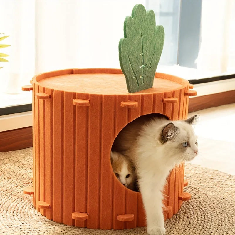 Carrot-shaped felt cat tunnel and semi-enclosed nest for indoor cats, shown in a colour assortment.