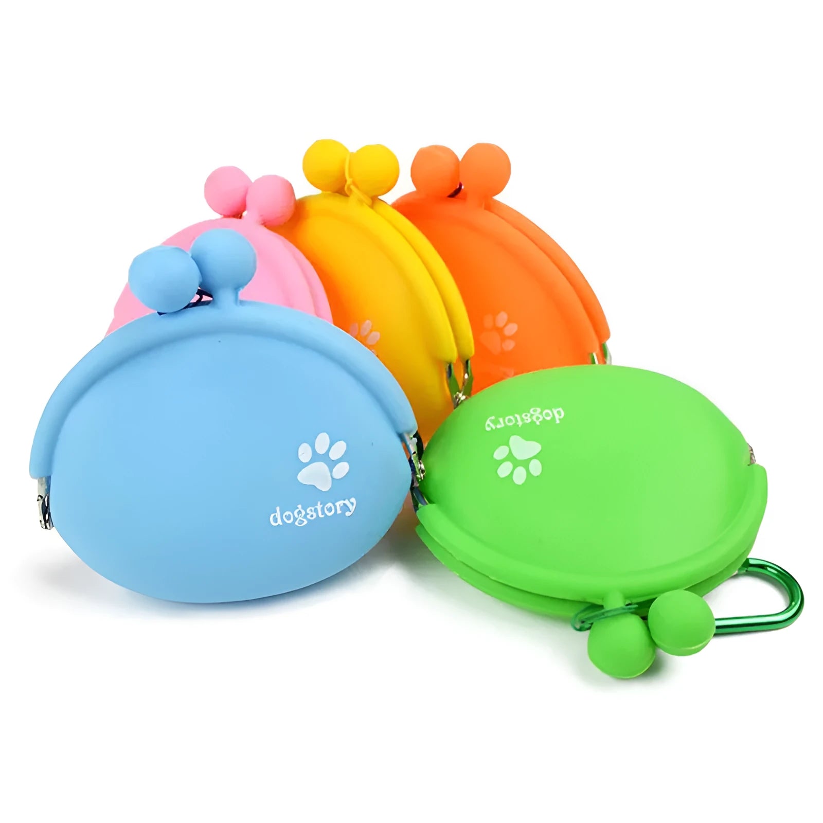 Yellow silicone dog treat pouch with hook and loop strap, shown on a waistband.