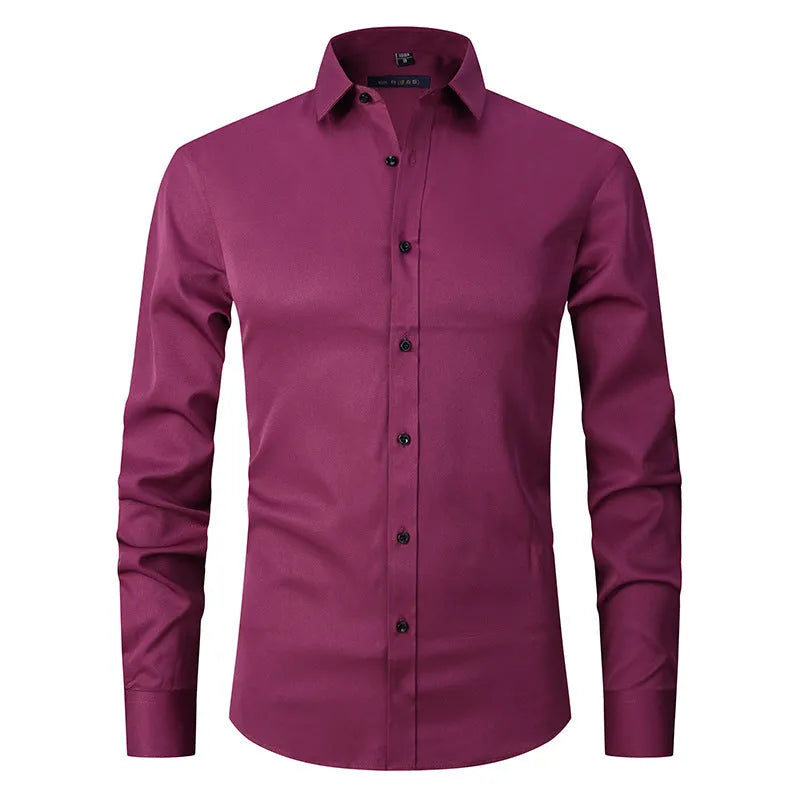 Men's stretch long sleeve polyester work shirt on a hanger, showing button front and long sleeves.