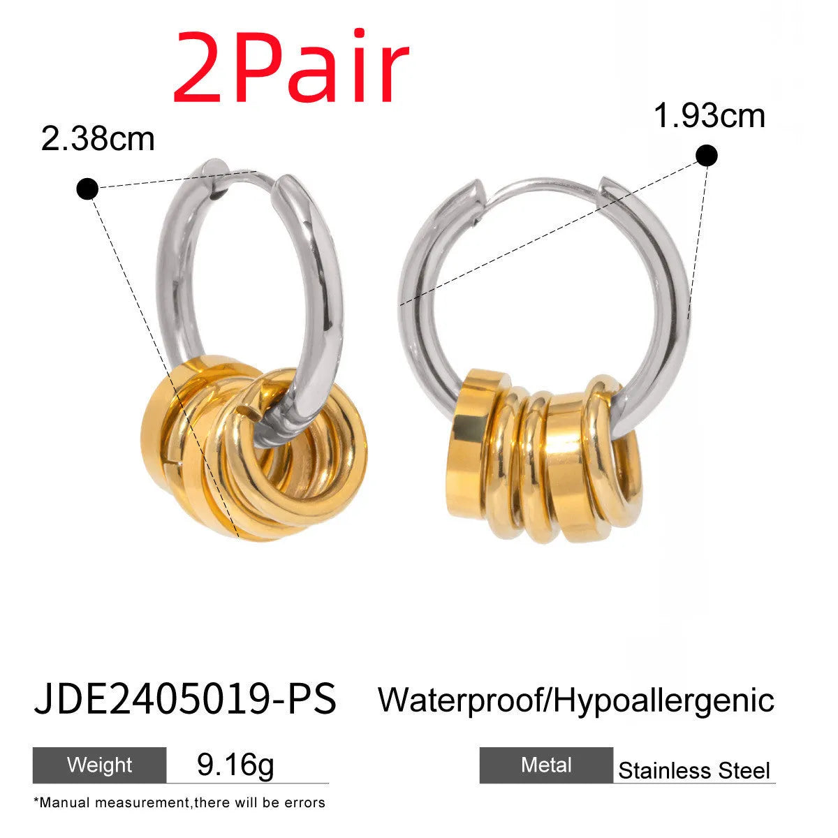 Gold tone stainless steel earrings with electroplated finish in unisex ins style design