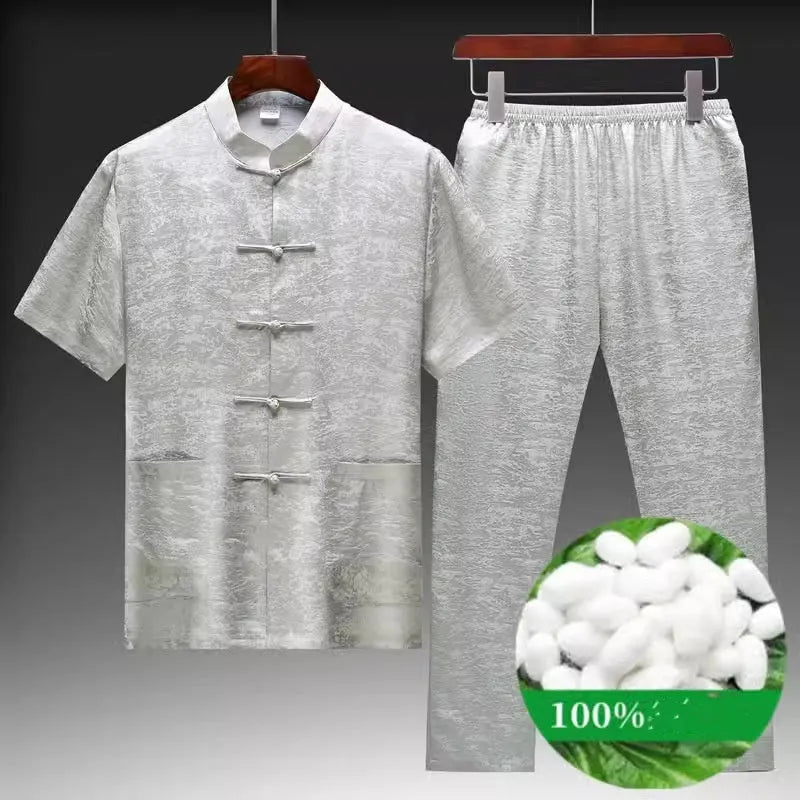 Men's Chinese style Tang suit in mulberry silk satin showing traditional design with available colour variations