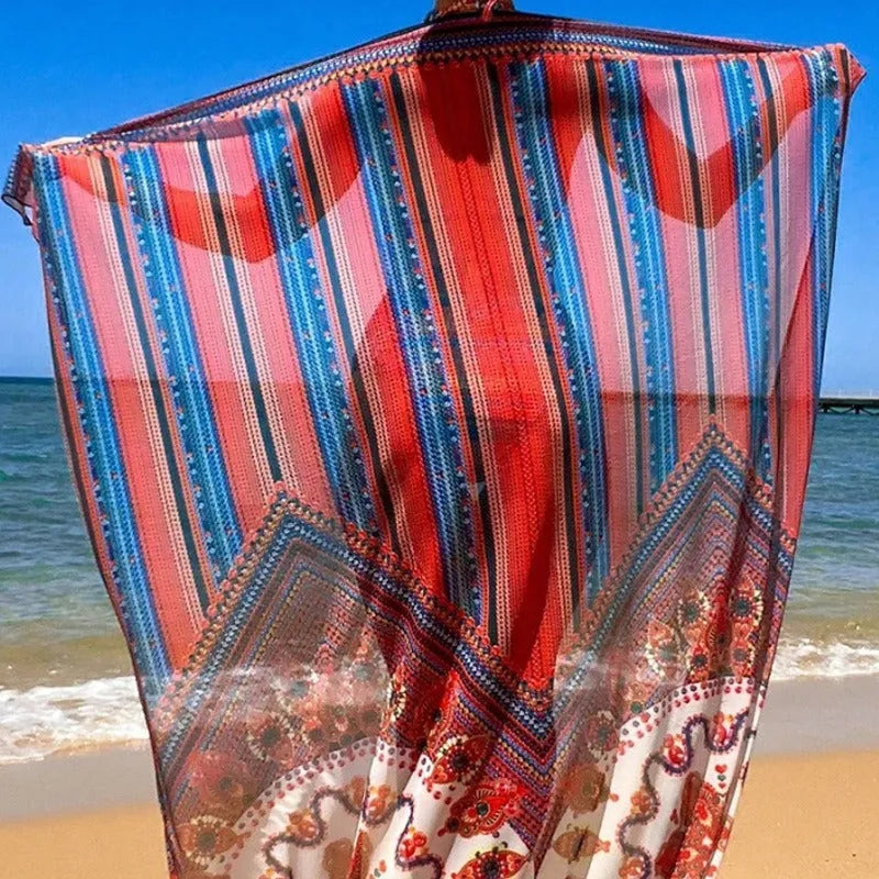 Women's three-piece swimsuit set showing high-waisted briefs, cutout sleeveless blouse and matching coat in pictured colour
