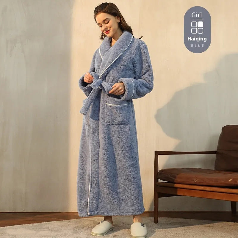 Men's and women's thick flannel bathrobe couple set in winter colours with extended plus sizing
