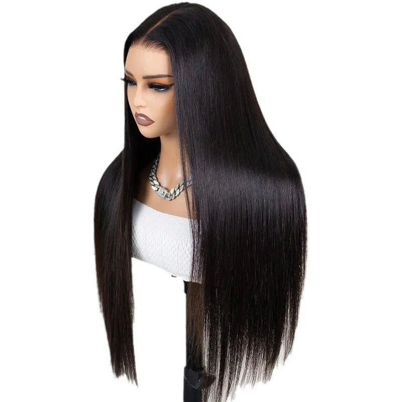 Black straight 13x6 lace front human hair wig displayed on a mannequin head, showing a natural hairline.