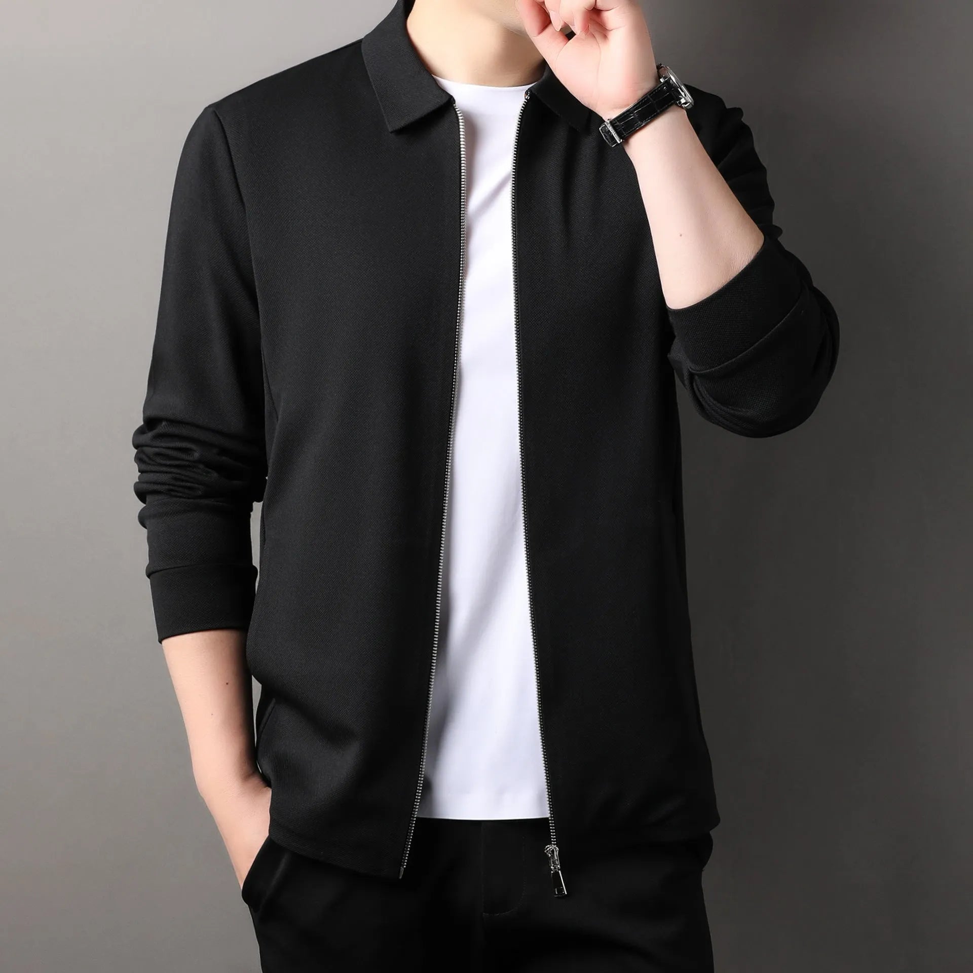 Men's polyester business jacket with straight hem in black, dark grey or apricot colour