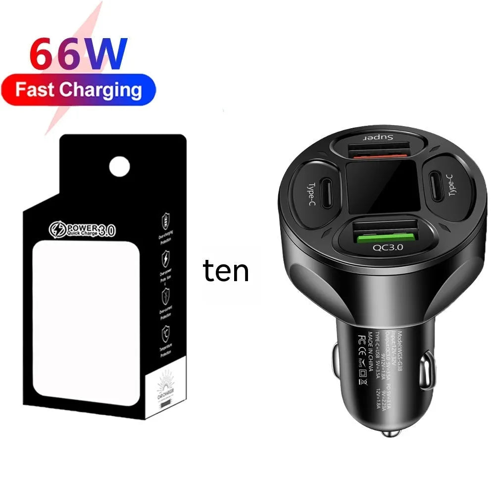 66W black and silver digital display car charger with two USB ports and two Type-C ports
